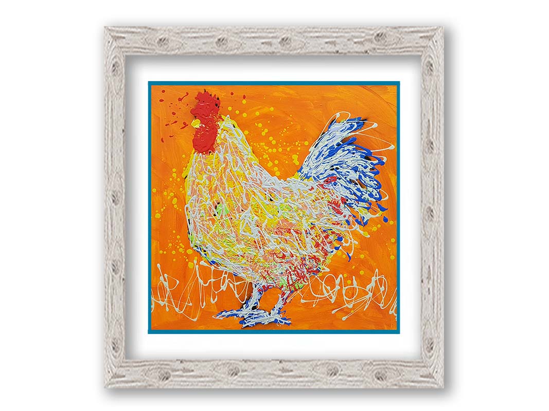 A drip painting of a white rooster on an orange background, accented with red, yellow, and blue. Printed on paper, matted, and framed.