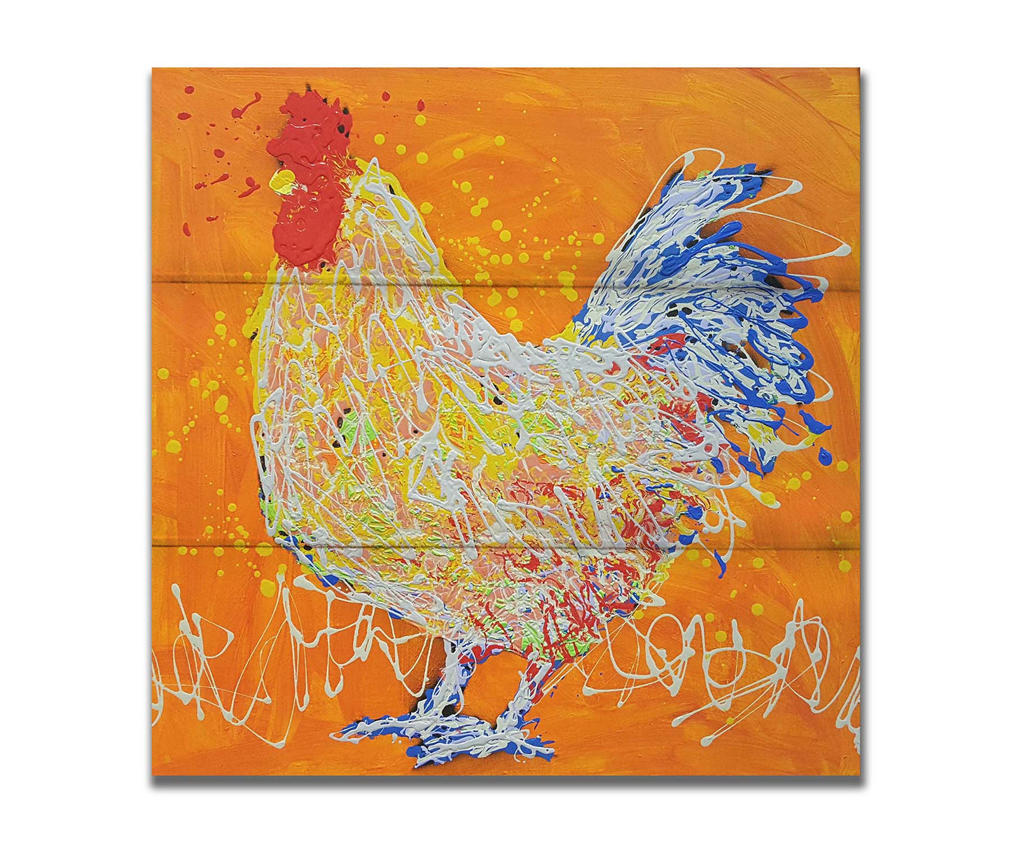 A drip painting of a white rooster on an orange background, accented with red, yellow, and blue. Printed on a box board.