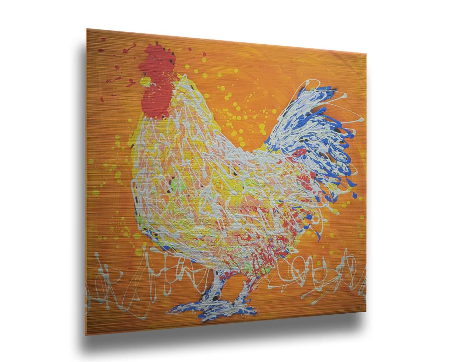 A drip painting of a white rooster on an orange background, accented with red, yellow, and blue. Printed on metal.