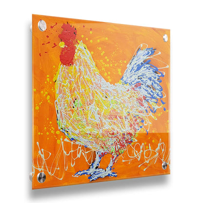 A drip painting of a white rooster on an orange background, accented with red, yellow, and blue. Printed on acrylic.