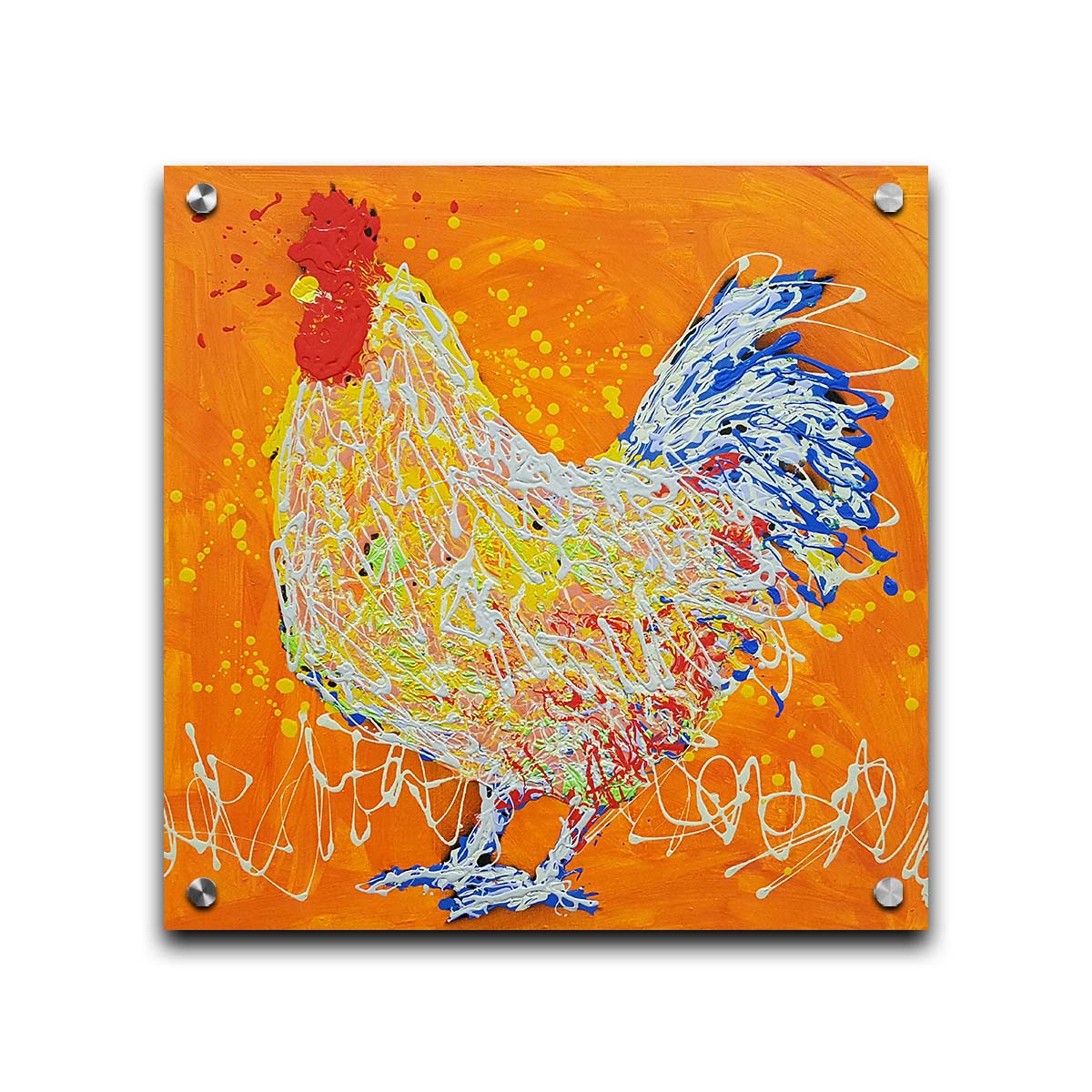 A drip painting of a white rooster on an orange background, accented with red, yellow, and blue. Printed on acrylic.