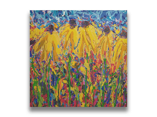 A drip painting of a group of yellow coneflower wildflowers against a blue background, accented by a full spectrum of colors. Printed on canvas.