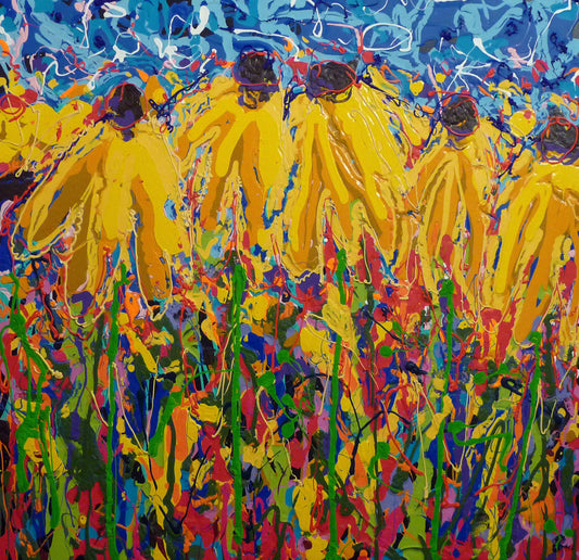 A drip painting of a group of yellow coneflower wildflowers against a blue background, accented by a full spectrum of colors.