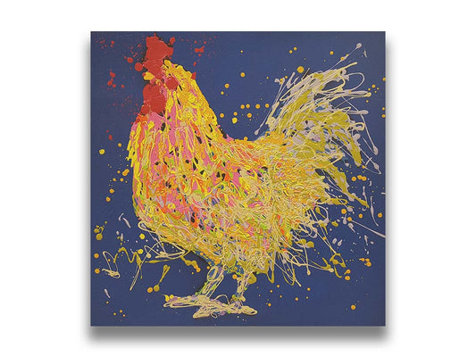 A drip painting of a yellow rooster on a navy blue background, accented with white, pink, orange, red, and purple. Printed on canvas.