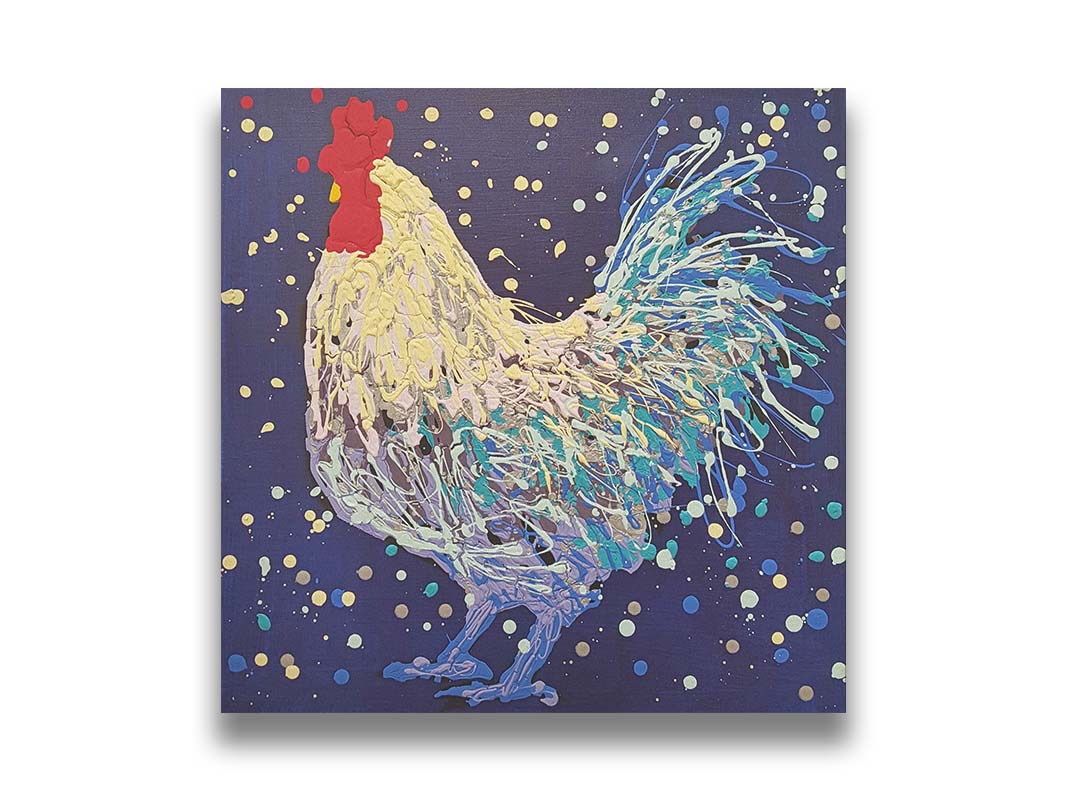 A drip painting of a white and blue rooster on a navy blue background, accented by red and gray. Printed on canvas.