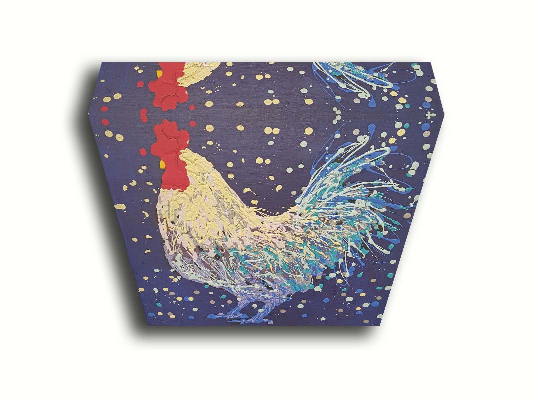 A drip painting of a white and blue rooster on a navy blue background, accented by red and gray. Printed on canvas.