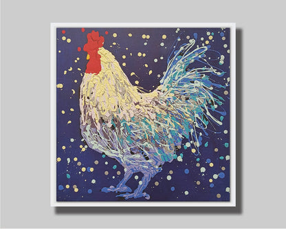 A drip painting of a white and blue rooster on a navy blue background, accented by red and gray. Printed on canvas in a float frame.