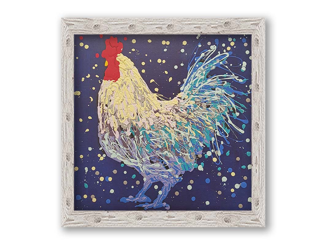 A drip painting of a white and blue rooster on a navy blue background, accented by red and gray. Printed on canvas and framed.