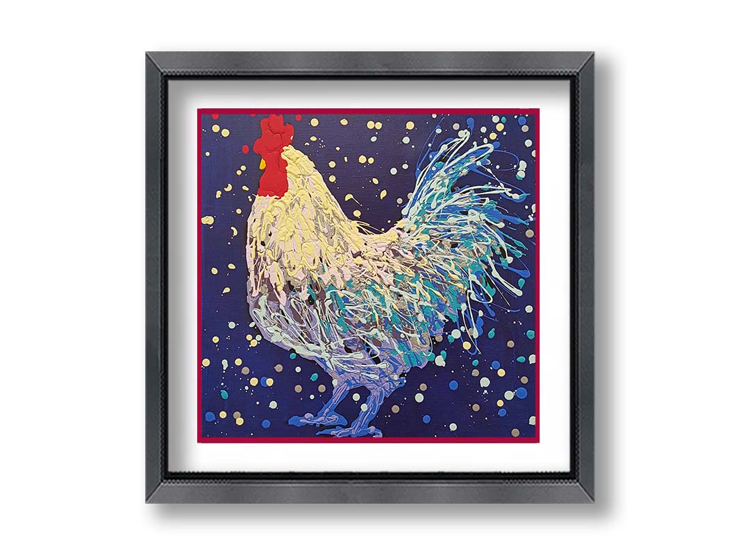 A drip painting of a white and blue rooster on a navy blue background, accented by red and gray. Printed on paper, matted, and framed.