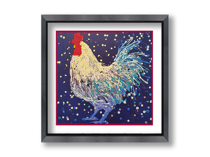 A drip painting of a white and blue rooster on a navy blue background, accented by red and gray. Printed on paper, matted, and framed.