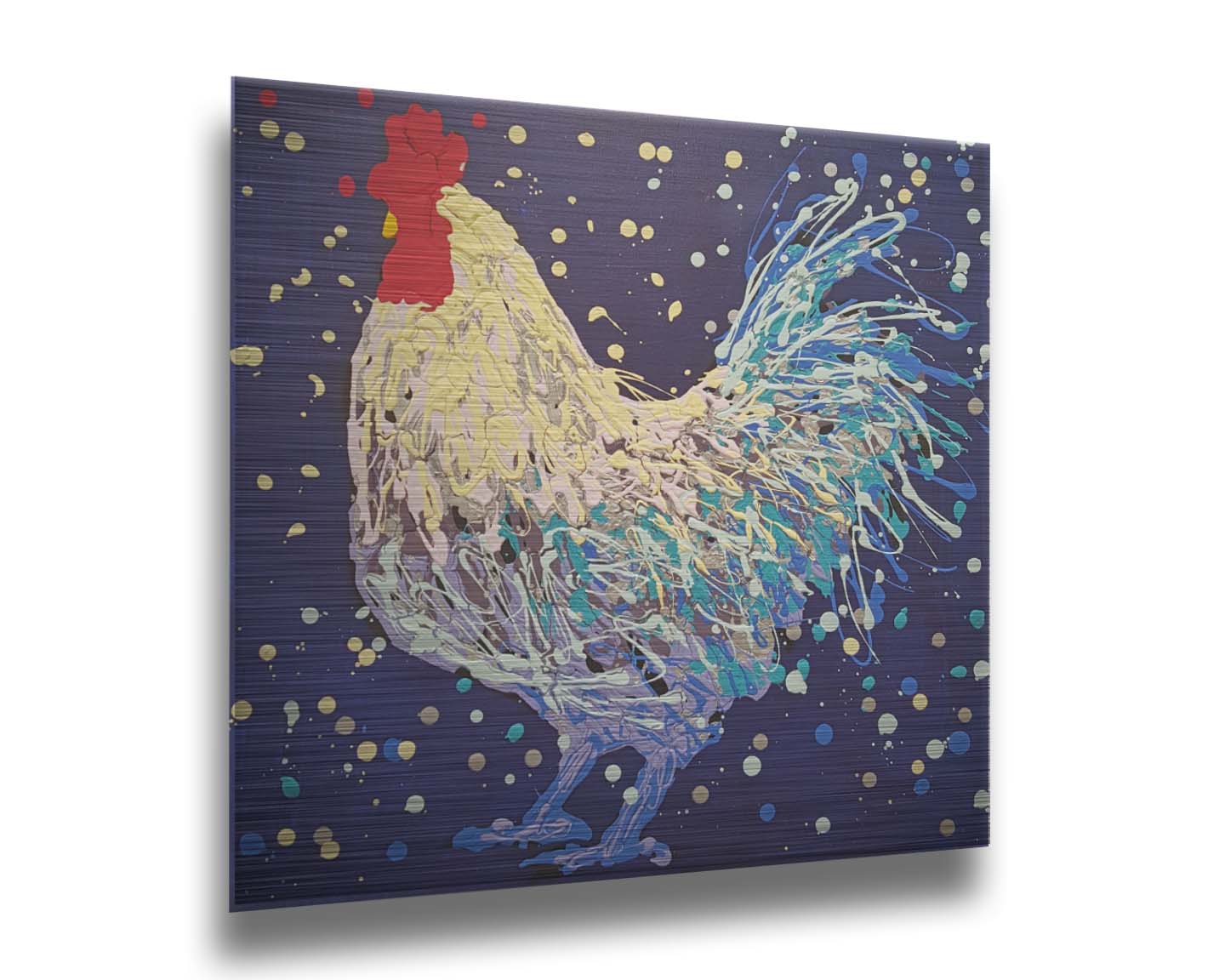 A drip painting of a white and blue rooster on a navy blue background, accented by red and gray. Printed on metal.