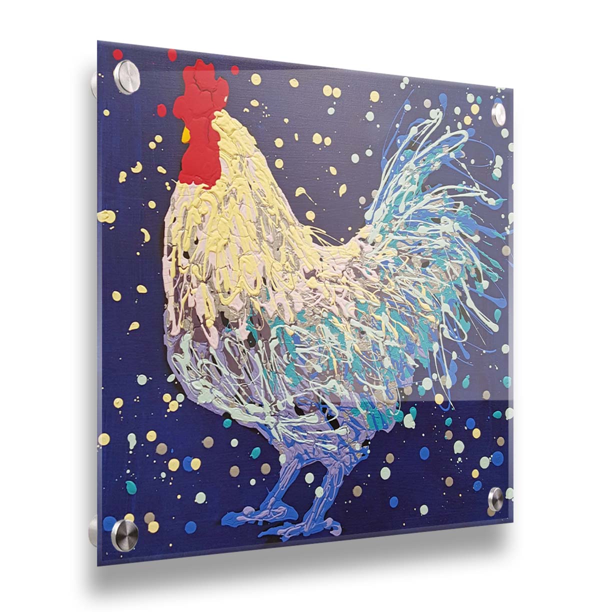 A drip painting of a white and blue rooster on a navy blue background, accented by red and gray. Printed on acrylic.