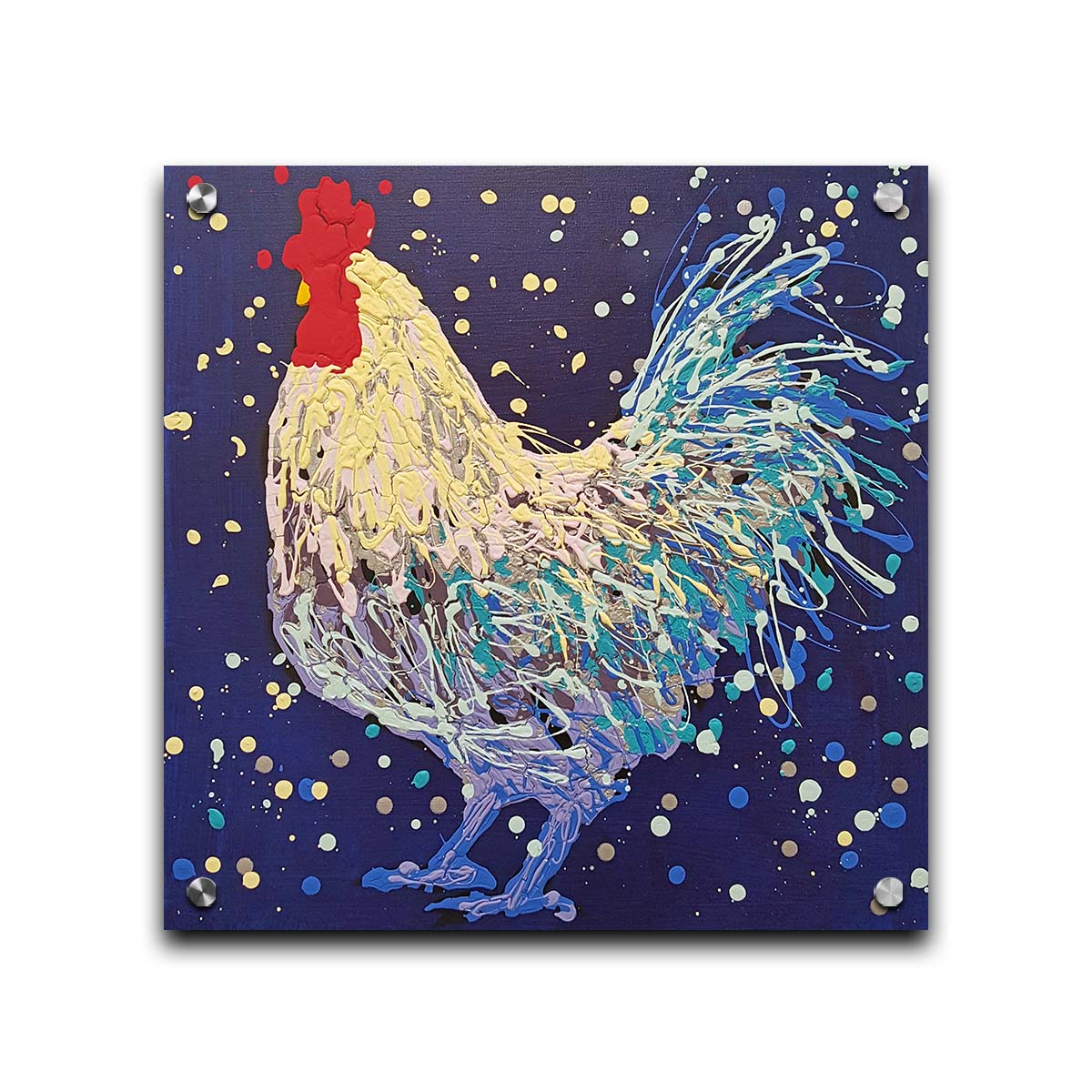 A drip painting of a white and blue rooster on a navy blue background, accented by red and gray. Printed on acrylic.