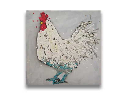 A drip painting of a white rooster on a gray background, accented with red, yellow, and blue. Printed on canvas.