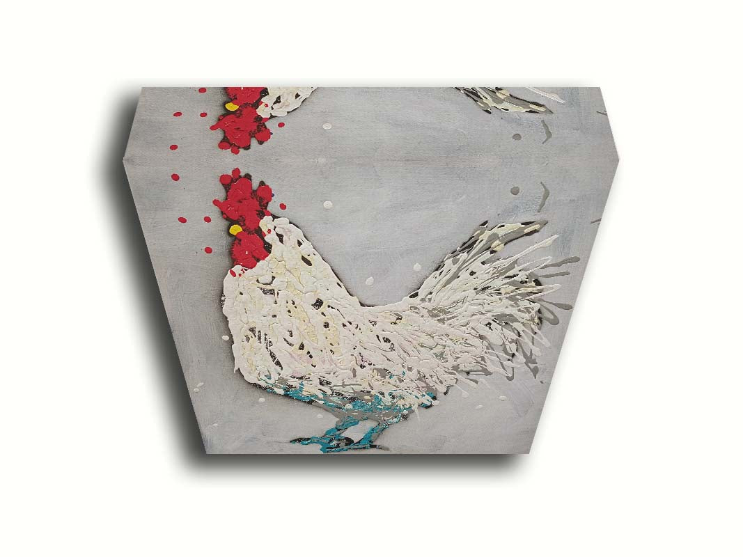 A drip painting of a white rooster on a gray background, accented with red, yellow, and blue. Printed on canvas.