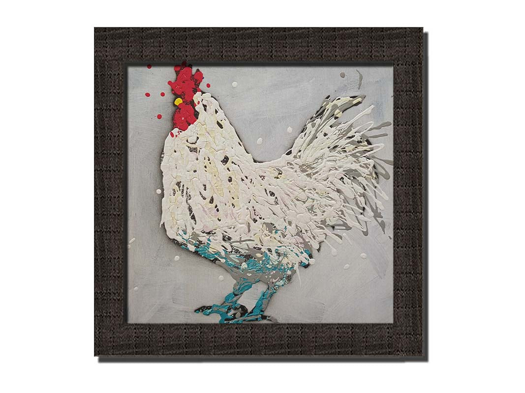 A drip painting of a white rooster on a gray background, accented with red, yellow, and blue. Printed on canvas and framed.