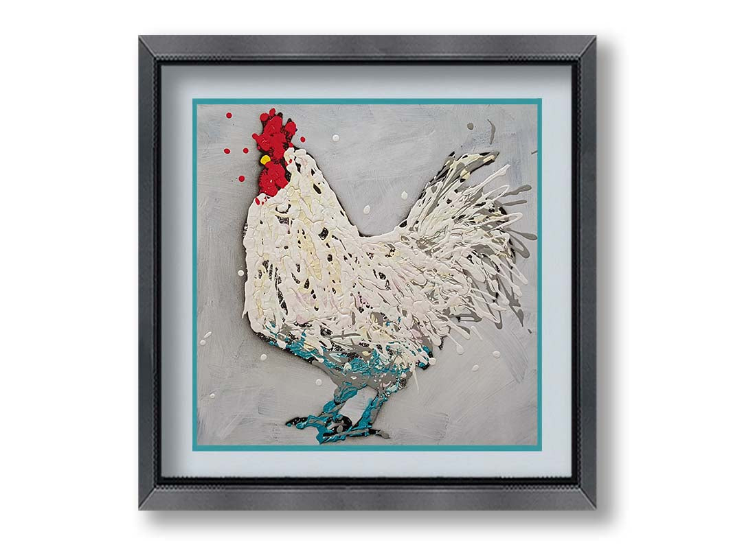 A drip painting of a white rooster on a gray background, accented with red, yellow, and blue. Printed on paper, matted, and framed.