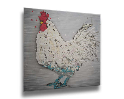 A drip painting of a white rooster on a gray background, accented with red, yellow, and blue. Printed on metal.