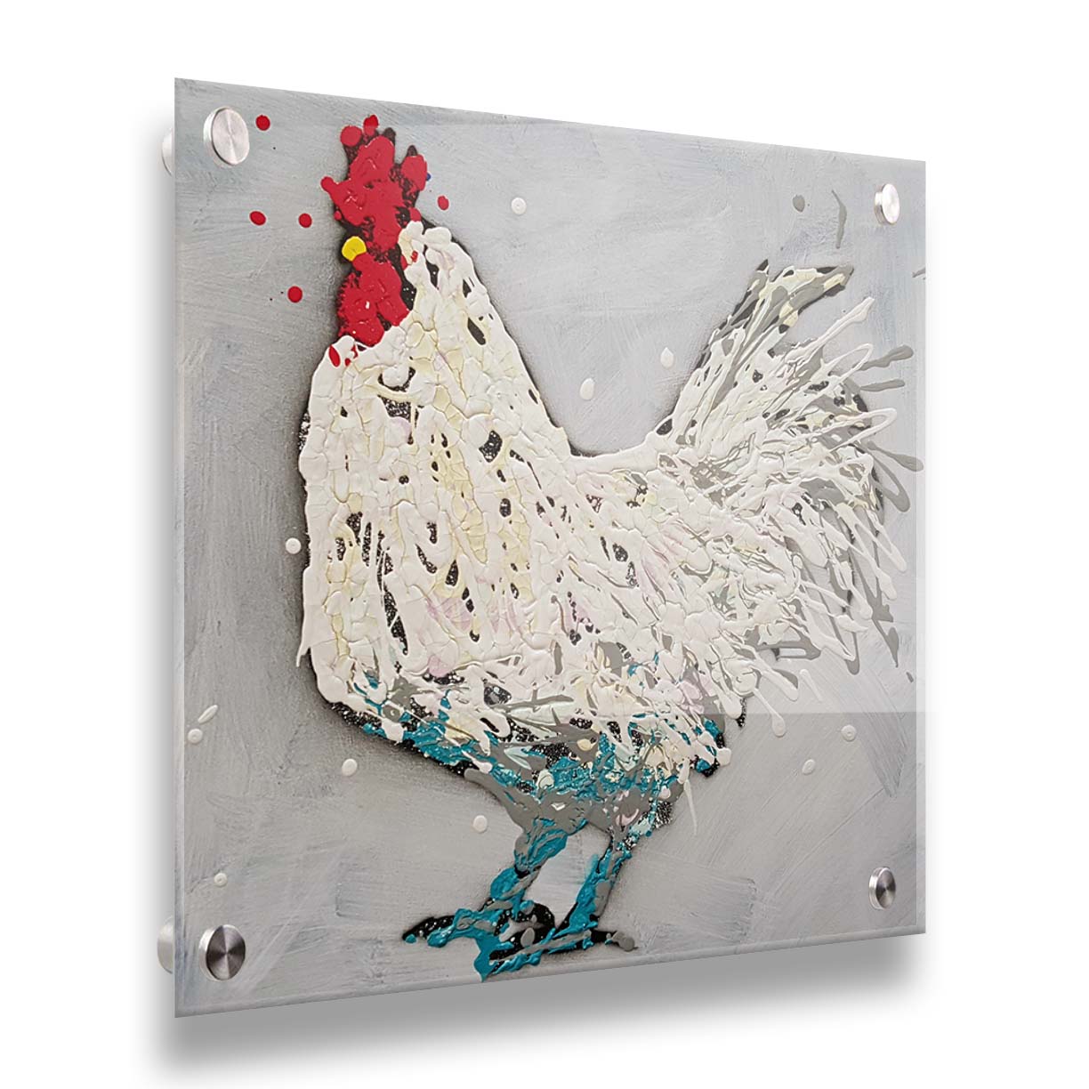 A drip painting of a white rooster on a gray background, accented with red, yellow, and blue. Printed on acrylic.