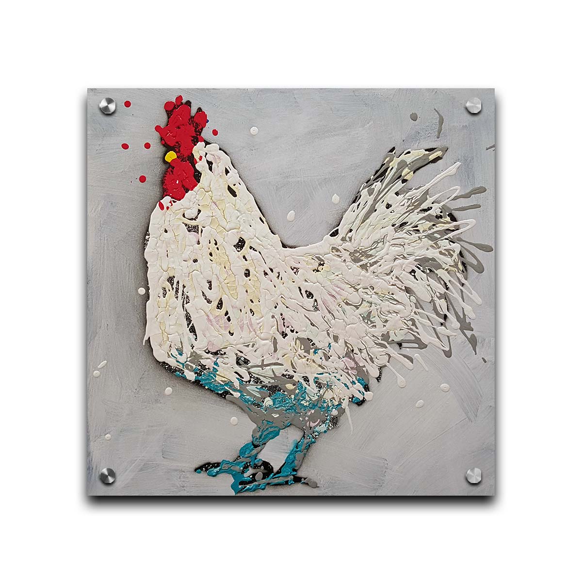 A drip painting of a white rooster on a gray background, accented with red, yellow, and blue. Printed on acrylic.