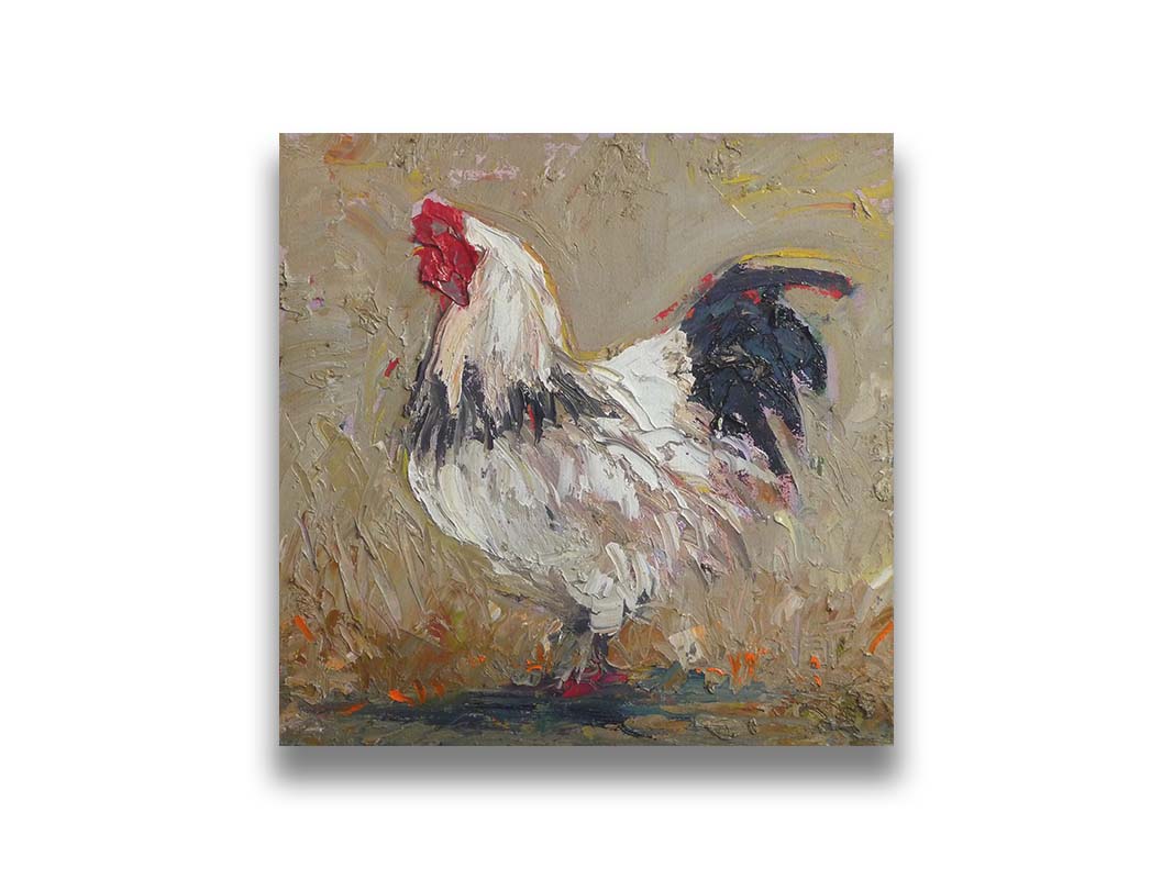 A painting of a white rooster on a tan background. Printed on canvas.