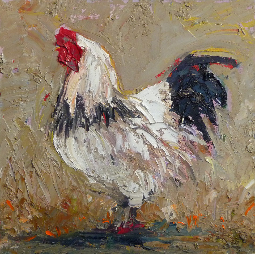 A painting of a white rooster on a tan background.