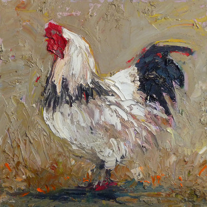 A painting of a white rooster on a tan background.