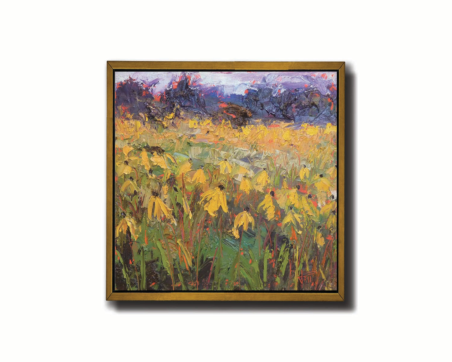 An expressive painting of a field of yellow wildflowers. Printed on canvas in a float frame.