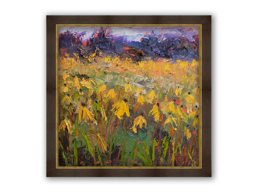 An expressive painting of a field of yellow wildflowers. Printed on canvas and framed.