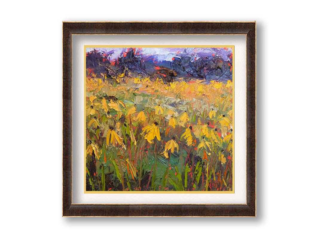 An expressive painting of a field of yellow wildflowers. Printed on paper, matted, and framed.