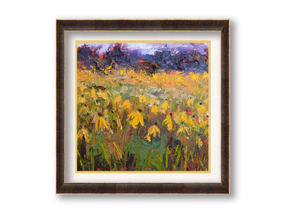 An expressive painting of a field of yellow wildflowers. Printed on paper, matted, and framed.