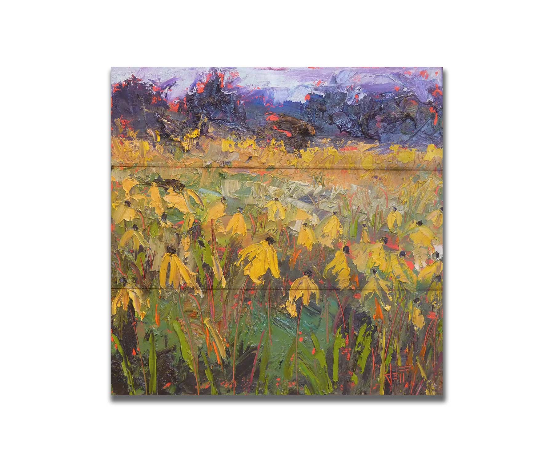 An expressive painting of a field of yellow wildflowers. Printed on a box board.