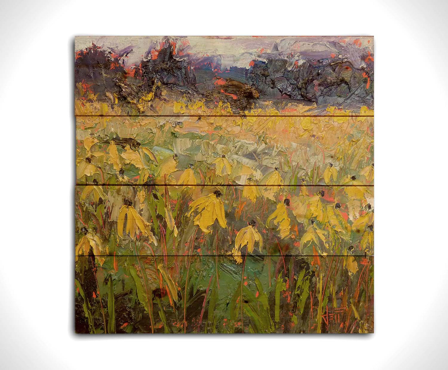 An expressive painting of a field of yellow wildflowers. Printed on a wood pallet.