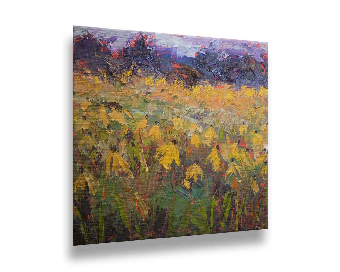 An expressive painting of a field of yellow wildflowers. Printed on metal.