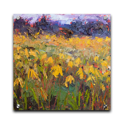 An expressive painting of a field of yellow wildflowers. Printed on acrylic.