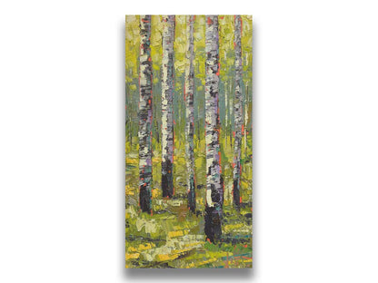 A painting of a bright green forest of birch trees. Printed on canvas.