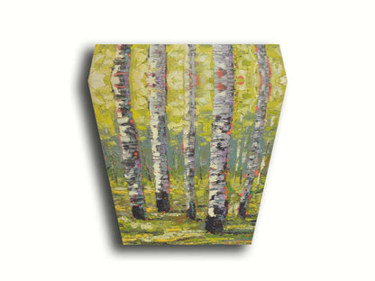 A painting of a bright green forest of birch trees. Printed on canvas.