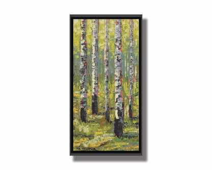 A painting of a bright green forest of birch trees. Printed on canvas in a float frame.