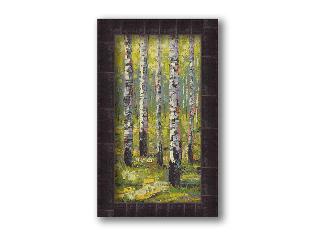 A painting of a bright green forest of birch trees. Printed on canvas and framed.