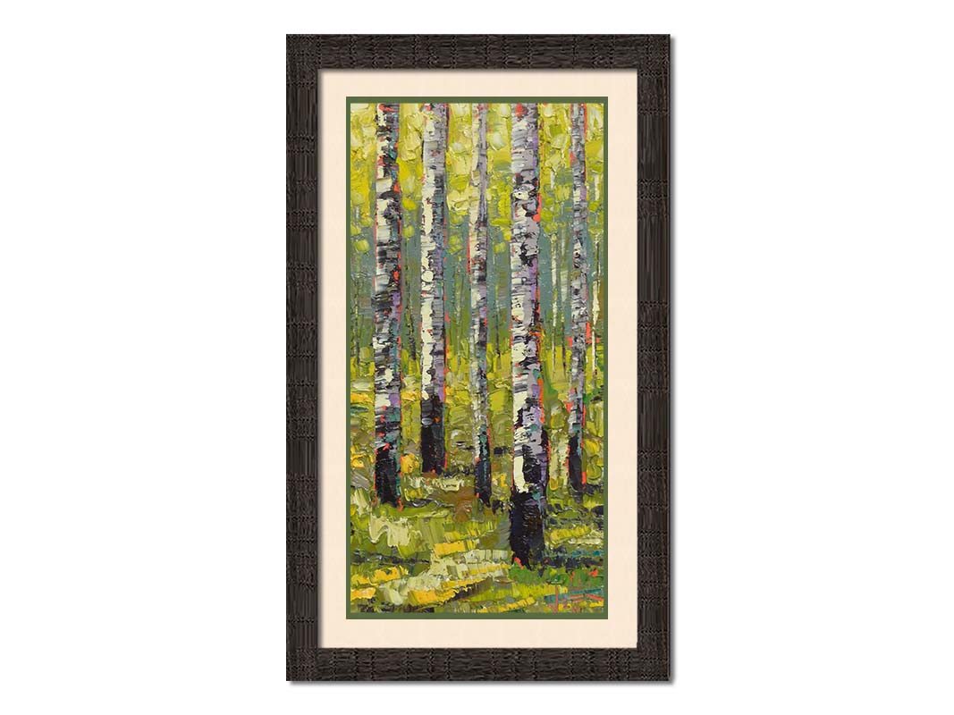 A painting of a bright green forest of birch trees. Printed on paper, matted, and framed.