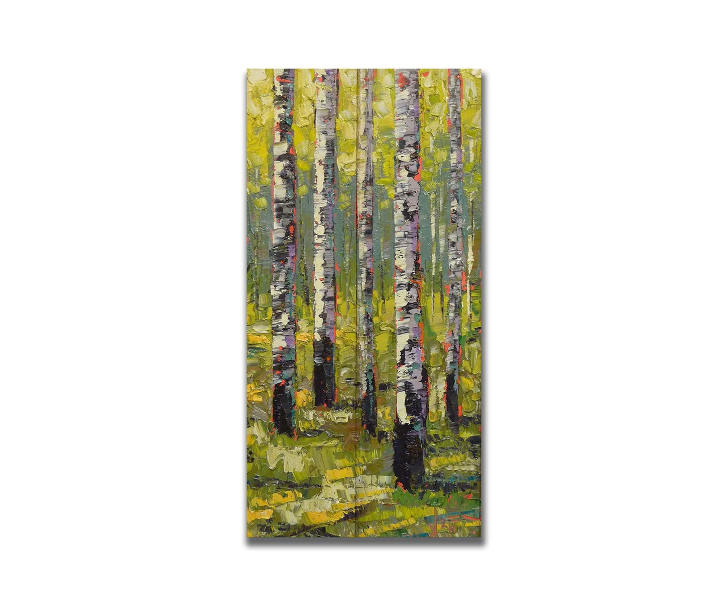 A painting of a bright green forest of birch trees. Printed on a box board.