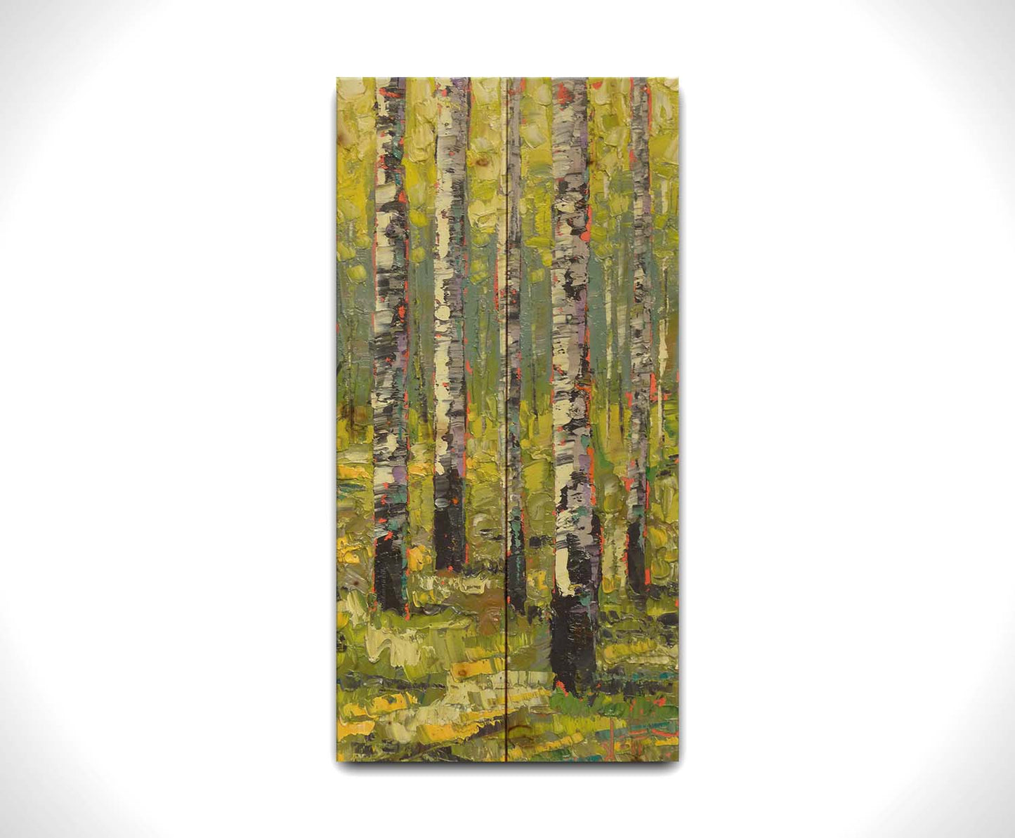 A painting of a bright green forest of birch trees. Printed on a wood pallet.