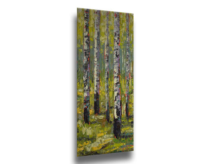 A painting of a bright green forest of birch trees. Printed on metal.