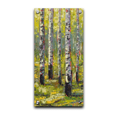 A painting of a bright green forest of birch trees. Printed on acrylic.