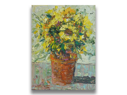 An expressive painting of an orange clay pot full of yellow sunflowers. Printed on canvas.