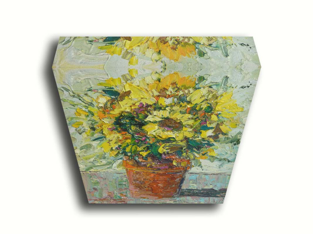 An expressive painting of an orange clay pot full of yellow sunflowers. Printed on canvas.