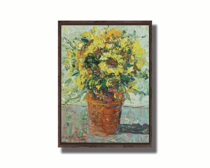 An expressive painting of an orange clay pot full of yellow sunflowers. Printed on canvas in a float frame.