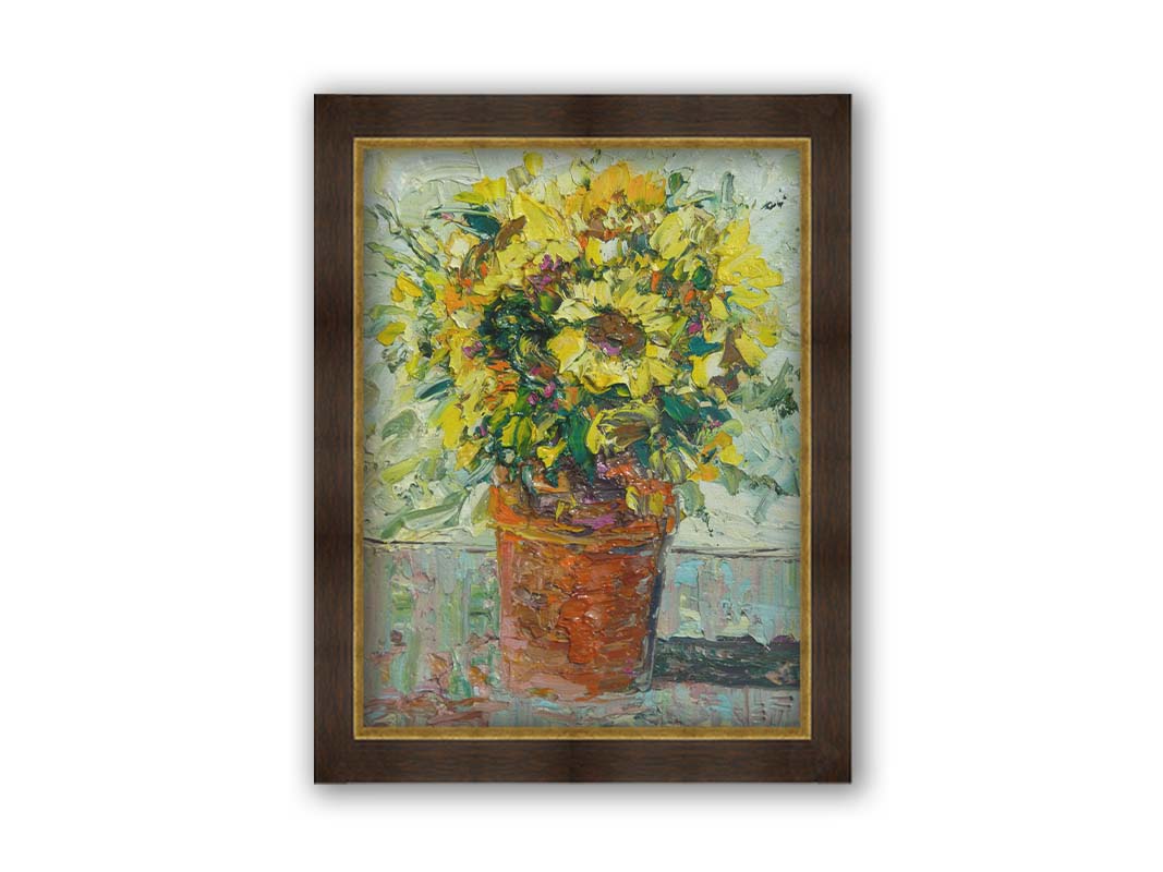 An expressive painting of an orange clay pot full of yellow sunflowers. Printed on canvas and framed.