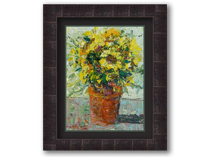 An expressive painting of an orange clay pot full of yellow sunflowers. Printed on paper, matted, and framed.