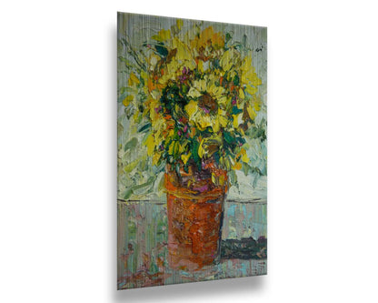 An expressive painting of an orange clay pot full of yellow sunflowers. Printed on metal.